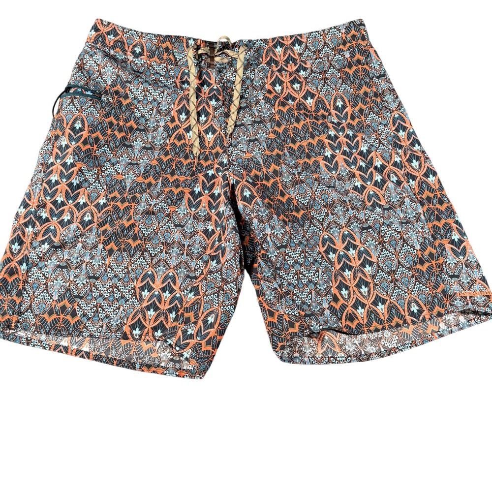 Patagonia Mens 34 Board Shorts Swim Trunks Orange Blue Geometric Pattern Nylon